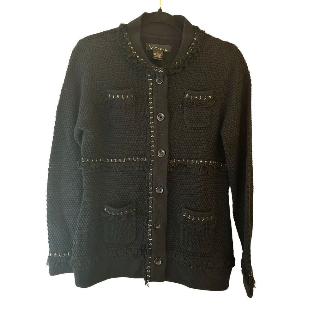 Venue Fringe Sweater Cardigan Jacket with gold accent sz L runs smaller